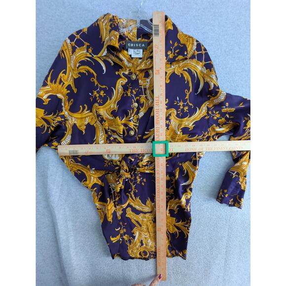 Crisca Tunic Blouse Women 34 Baroque Print 100% Silk Long Sleeve Flowy Navy Gold - Picture 7 of 16